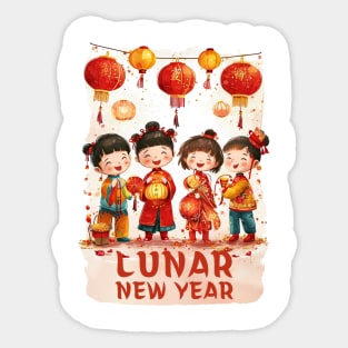 Children's Lunar New Year Celebration - Festive Kids in Red, Brown, Green & Yellow Watercolor Attire Sticker